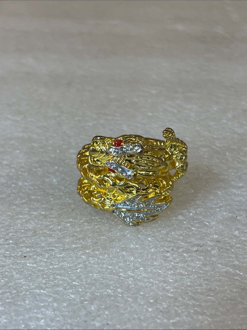 Gold Dragon Wrap Ring with Red Accent and Clear Stones
